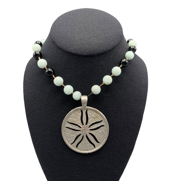 Carol Dauplaise Sandollar Glass Bead Necklace 21" Black Silver Tone Statement - Picture 2 of 9